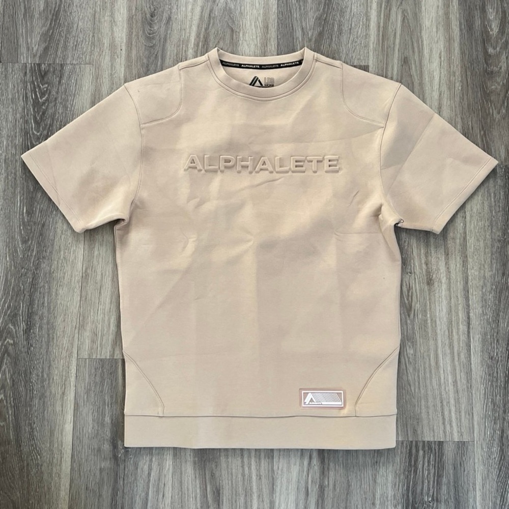 Alphalete Men’s Top In Tan Crew Scuba Short Sleeve Sweatshirt Medium